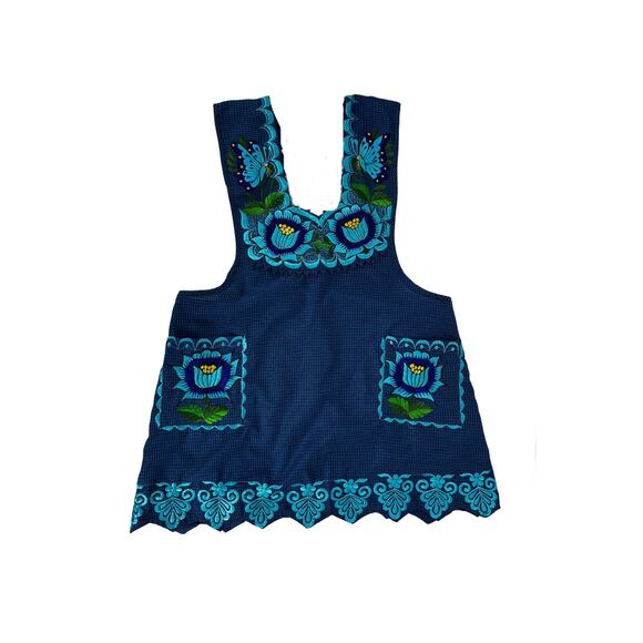 Blue Mexican Embroidered Apron – Basic Handmade Apron with Floral Design - Picture 7 of 9